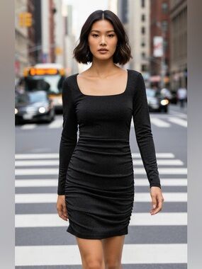 Showpo Black Shimmer Long Sleeve Square Neck Dress